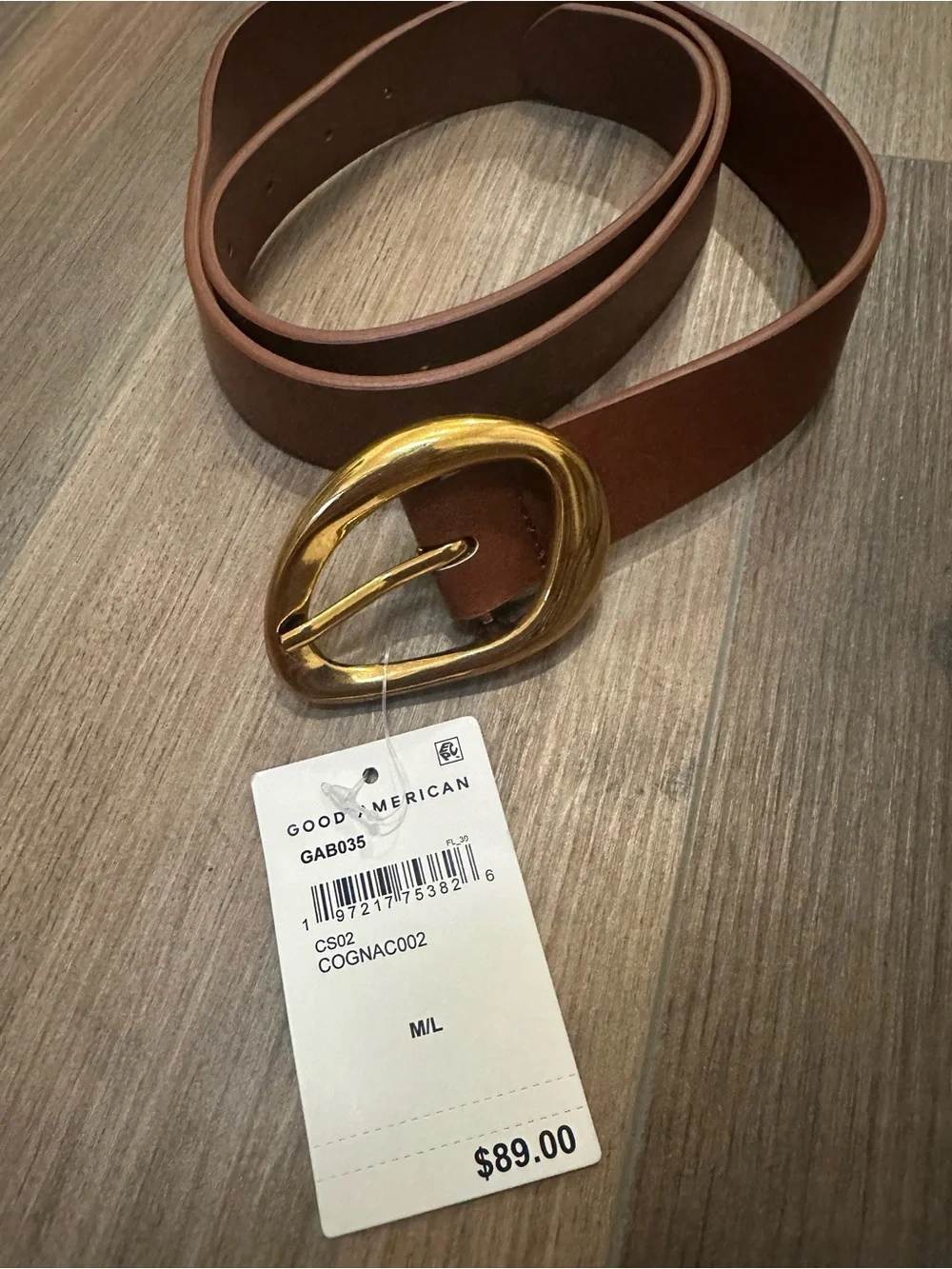 NWT Good American Brown Leather Belt with Gold Circle Buckle M/L
